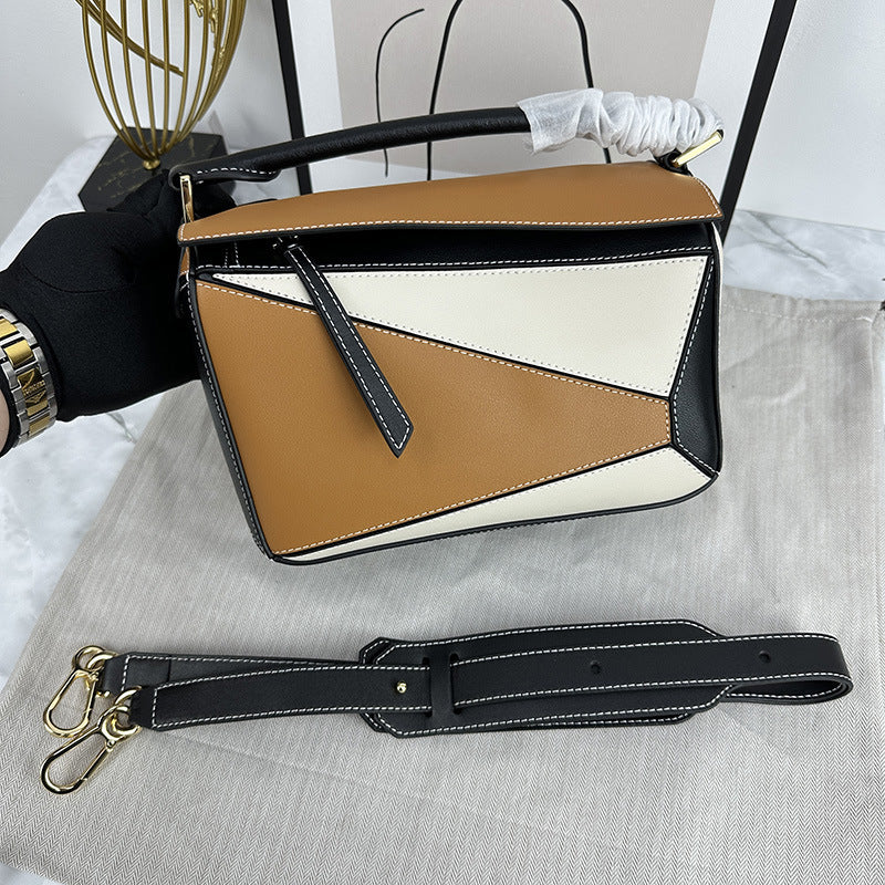 Women's Geometric Rhombus Soft Leather Stitching Genuine Portable Shoulder Bags