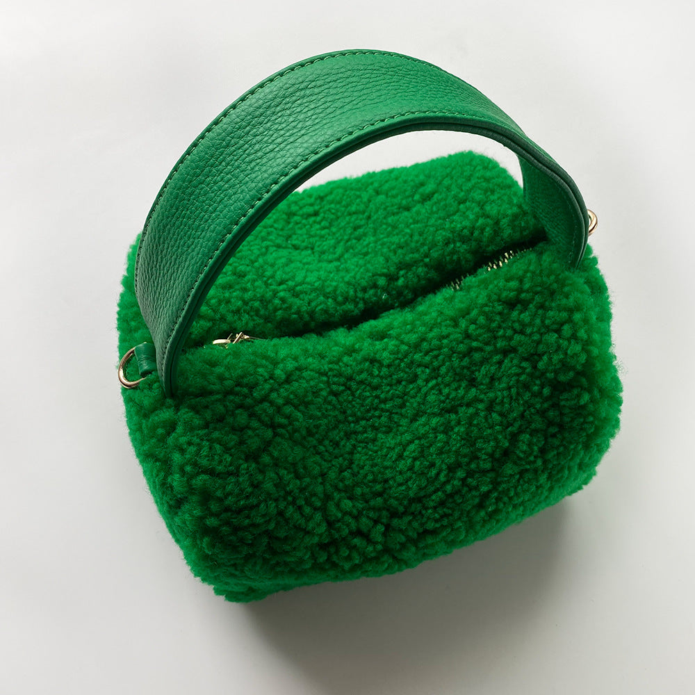 Women's Plush Genuine Leather Box Green Hand Shoulder Bags