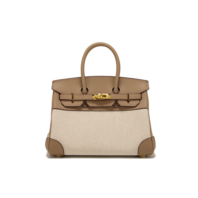 Women's Spring Design Leather With Canvas Contrast Color Handbags