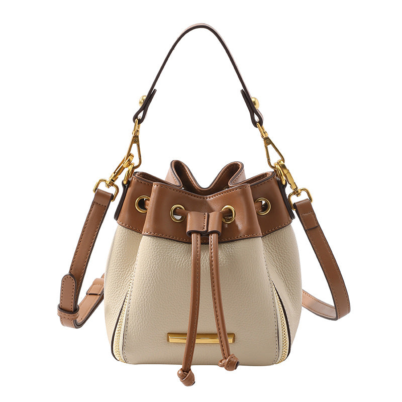 Women's Niche Mini Drawstring Contrast Color Genuine Crossbody Bags