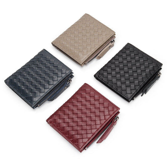 Women's Sheepskin Woven Short Full Leather Vertical Ladies Wallets
