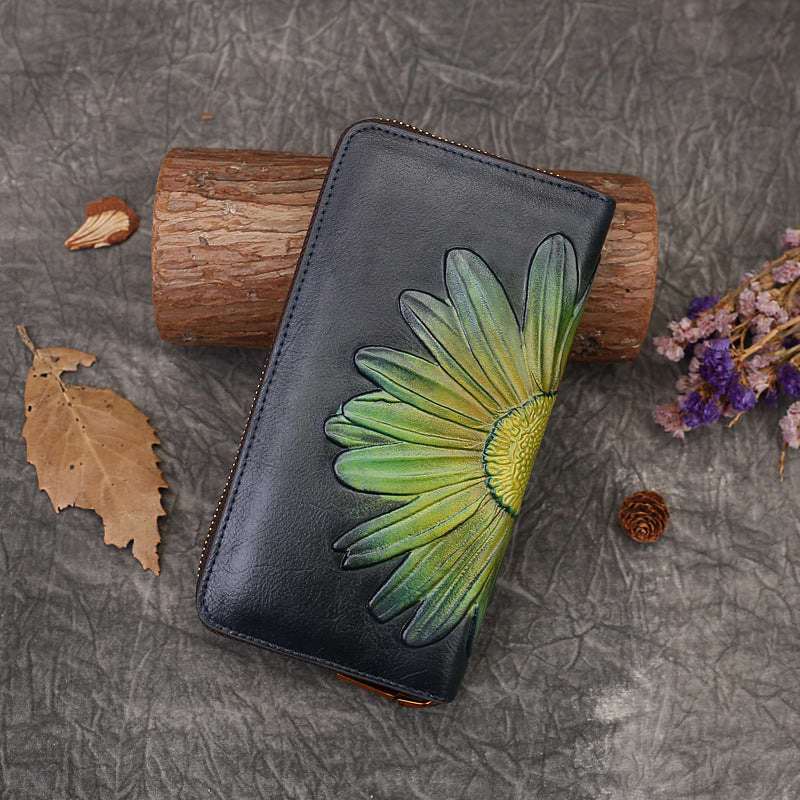 Women's Genuine Leather Ethnic Style Long Embossed Ladies Wallets
