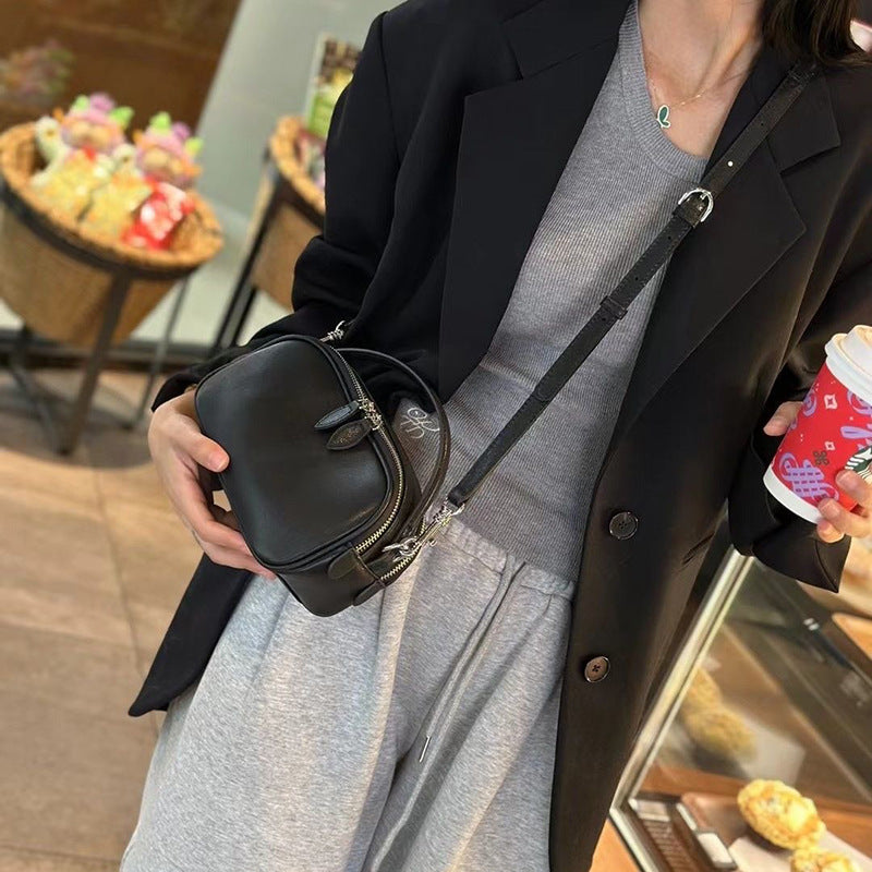Women's Summer Genuine Leather Double Zipper Portable Crossbody Bags