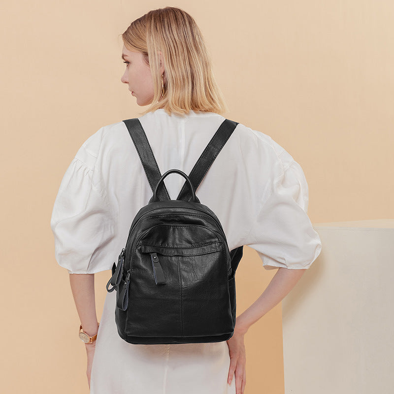 Women's Fashion Trendy Versatile Black Soft Leather Backpacks