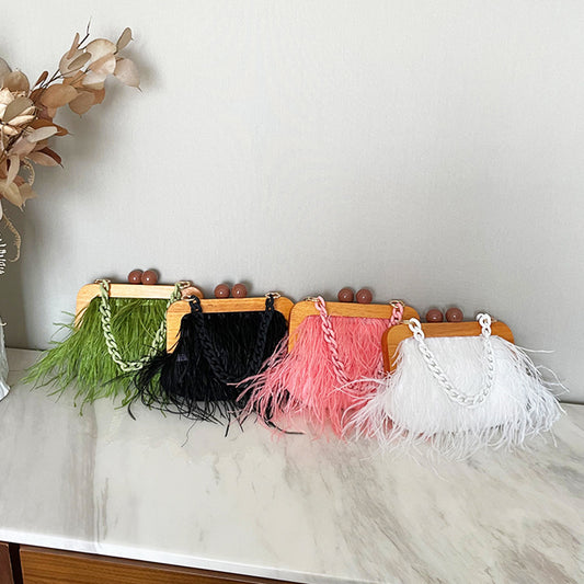 Women's Niche Acrylic Chain Furry Dinner Fluffy Underarm Ostrich Feather Bags