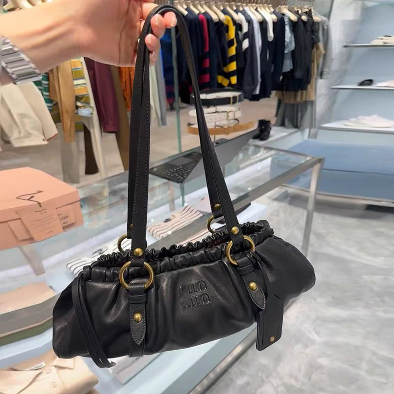 Women's Miao Genuine Leather Pleated Drawstring Cloud Handbags