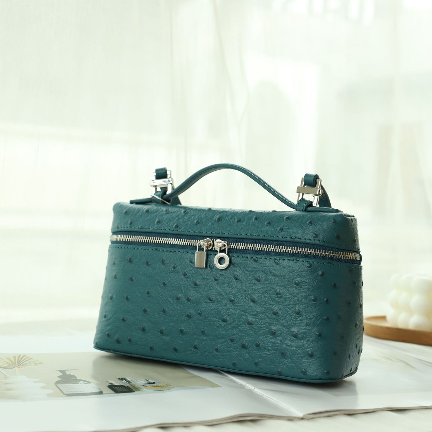 Women's First Layer Cowhide Ostrich Grain Lunch Box High-grade Crossbody Bags