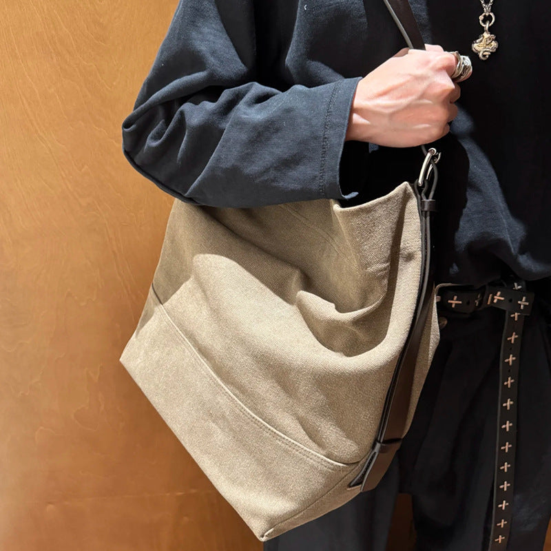 Women's Large Capacity Canvas Genuine Leather Two-tone Shoulder Bags