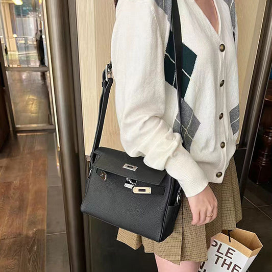 Retro High-grade First Layer Cowhide Kelly Wide Strap Crossbody Bags