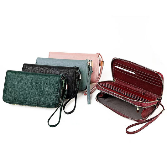 Women's Double Zipper Genuine Leather Clutch Long Ladies Wallets