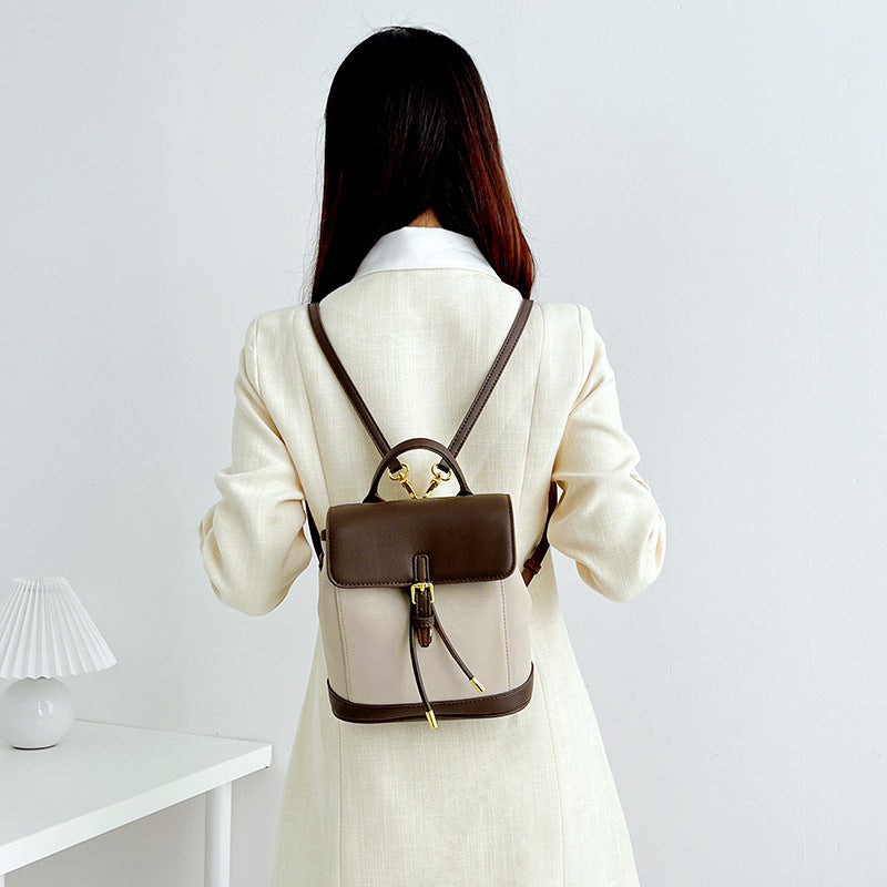 Women's First Layer Leather Contrast Color Retro Backpacks