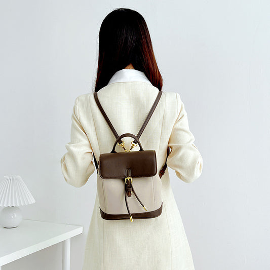 Women's First Layer Leather Contrast Color Retro Backpacks
