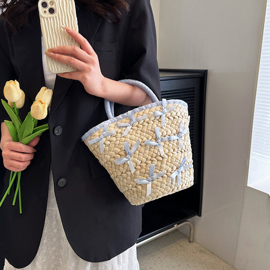 Women's High-grade Summer French Straw Bow Portable Crossbody Bags