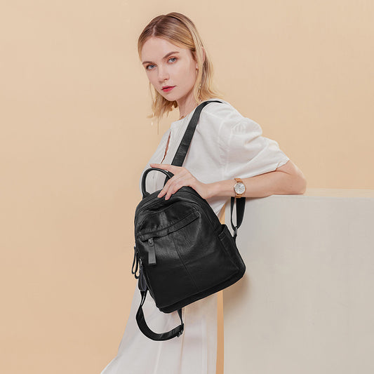 Women's Fashion Trendy Versatile Black Soft Leather Backpacks