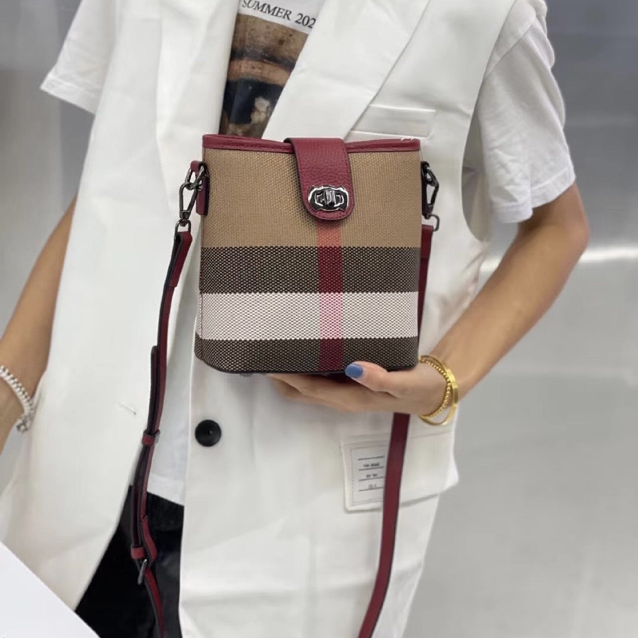 Women's Checked Top Layer Cowhide Cloth Fashion Crossbody Bags