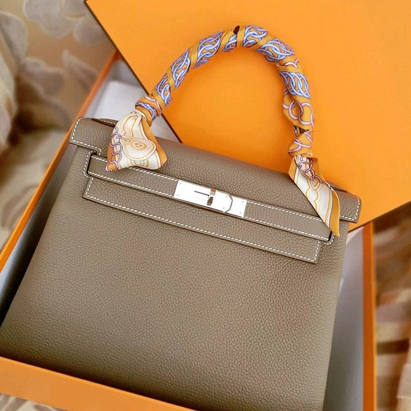 Women's Kelly Cow Leather Litchi Pattern Portable Shoulder Bags