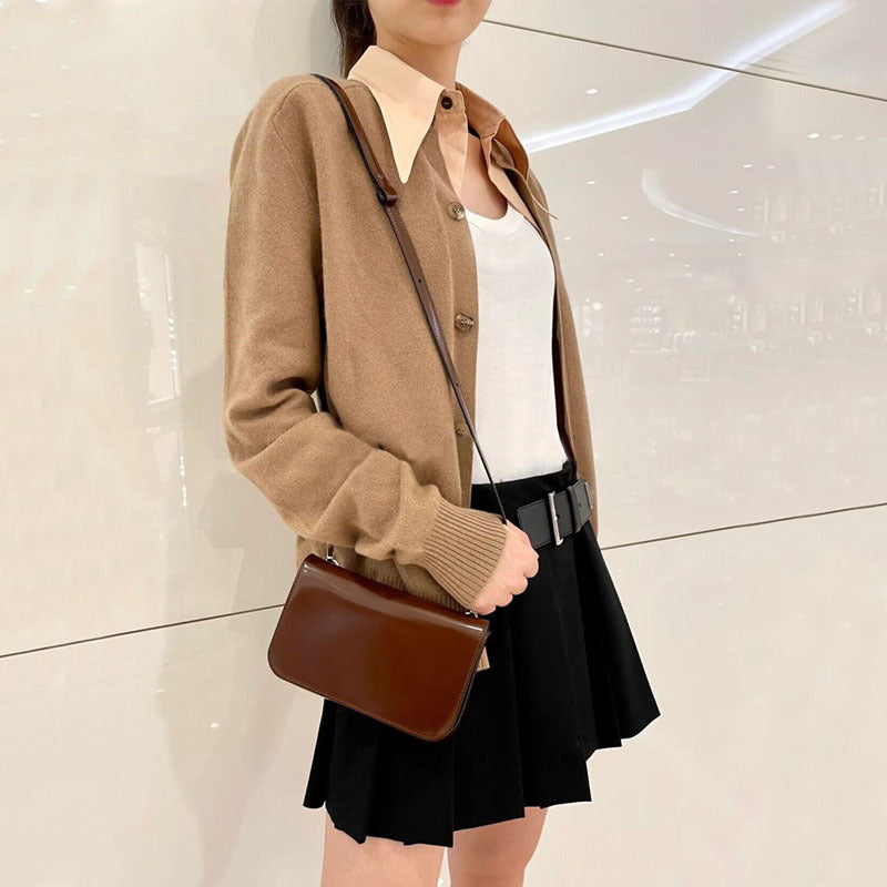 Women's Brown Bright Leather Exquisite High Sense Crossbody Bags
