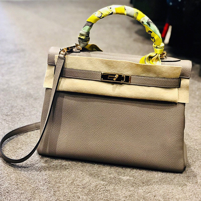 Women's Kelly Cow Leather Litchi Pattern Portable Shoulder Bags