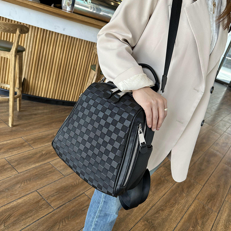 Chessboard Plaid Female Beige College Leisure Backpacks