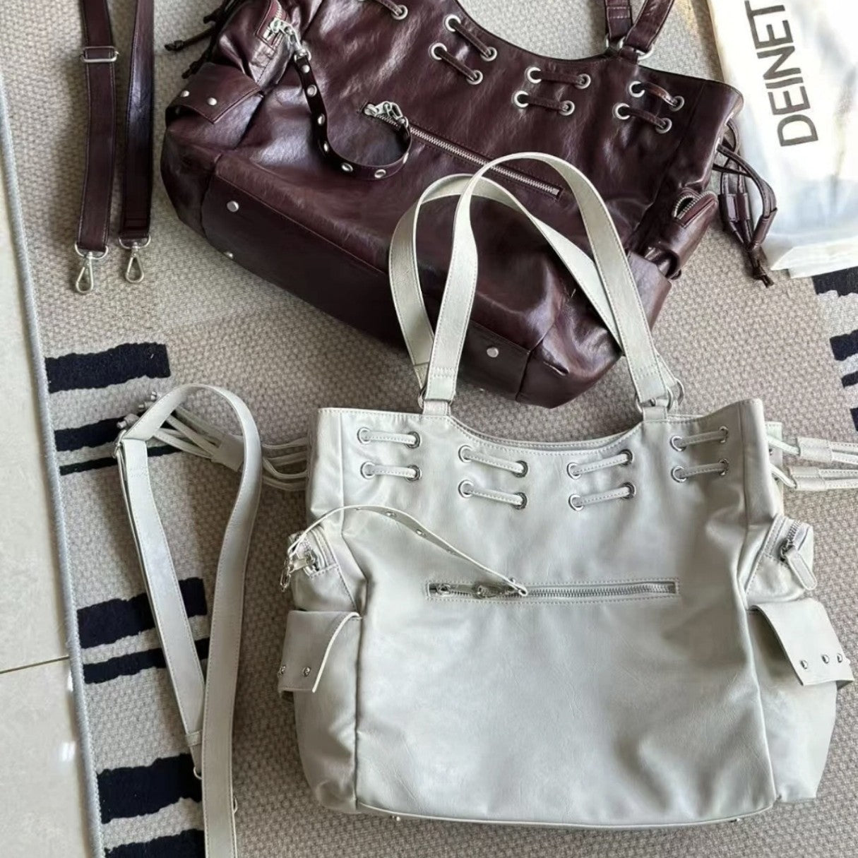 Large Capacity Totes Drawstring Pocket Studded Crossbody Bags