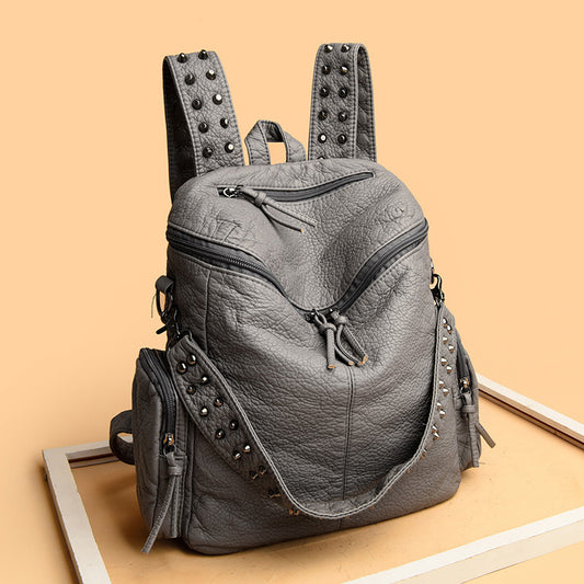 Women's Summer Washed Leather Studded Trendy Simple Backpacks