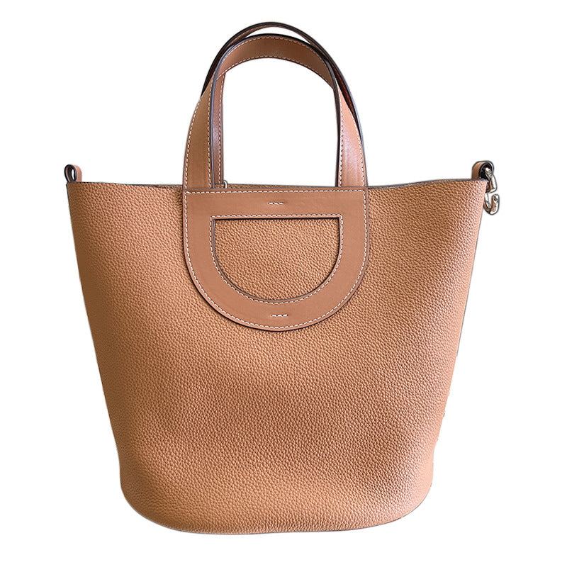 Women's Nose Vegetable Basket First Layer Cowhide Lychee Pattern Large Handbags