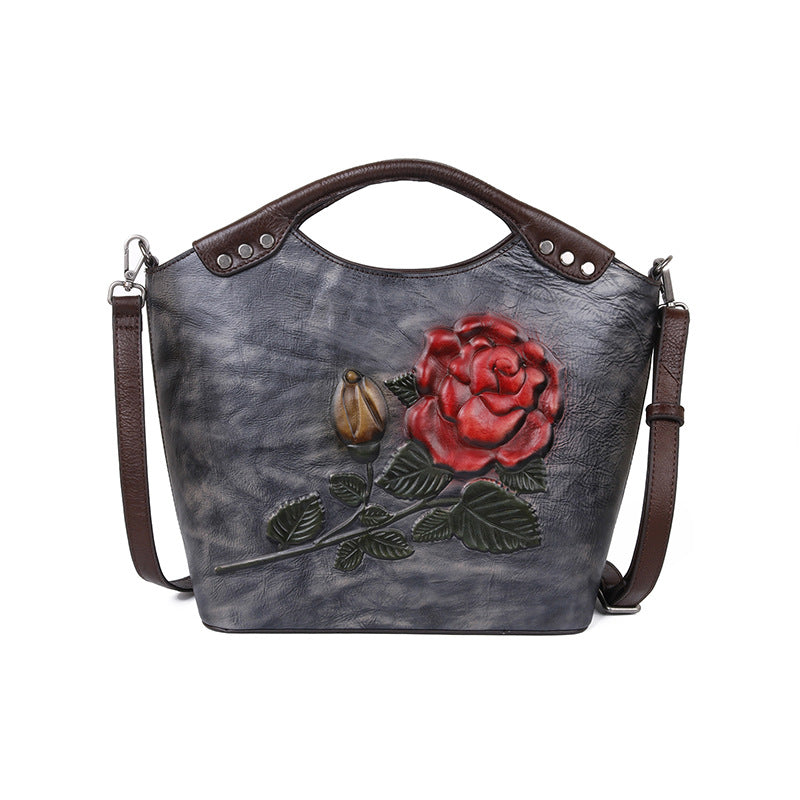 Women's First Layer Cowhide Large Capacity Rose Crossbody Bags