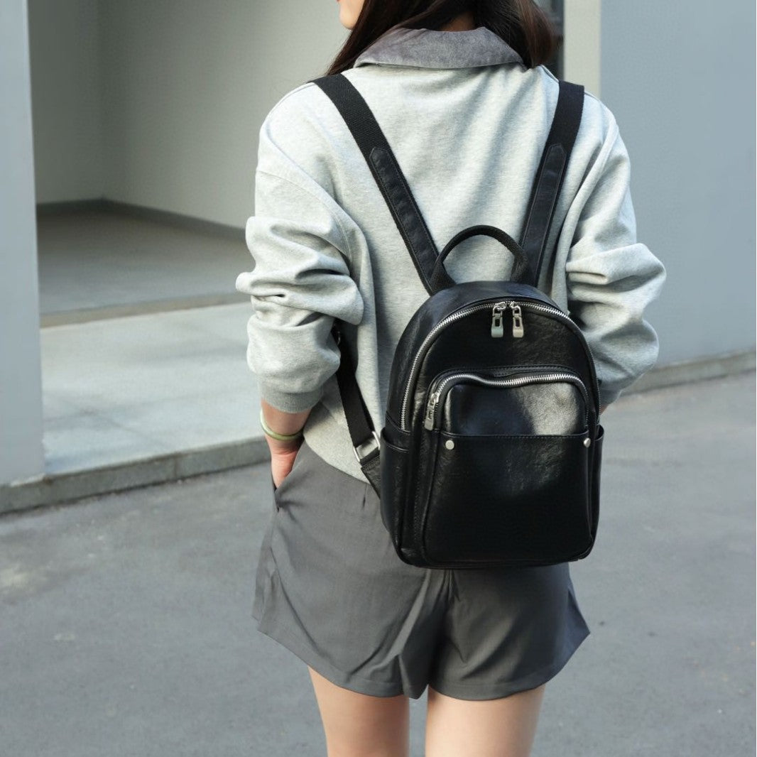 Women's First Layer Leather Flocking Large Backpacks