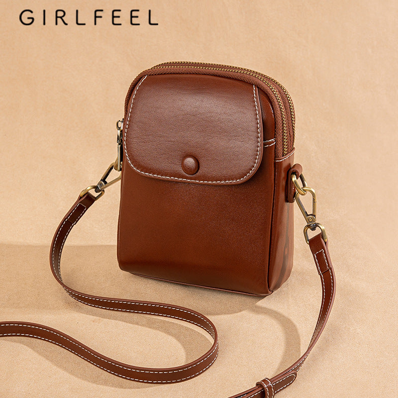 Female Fashion Vegetable Tanning Leather Mobile Bags