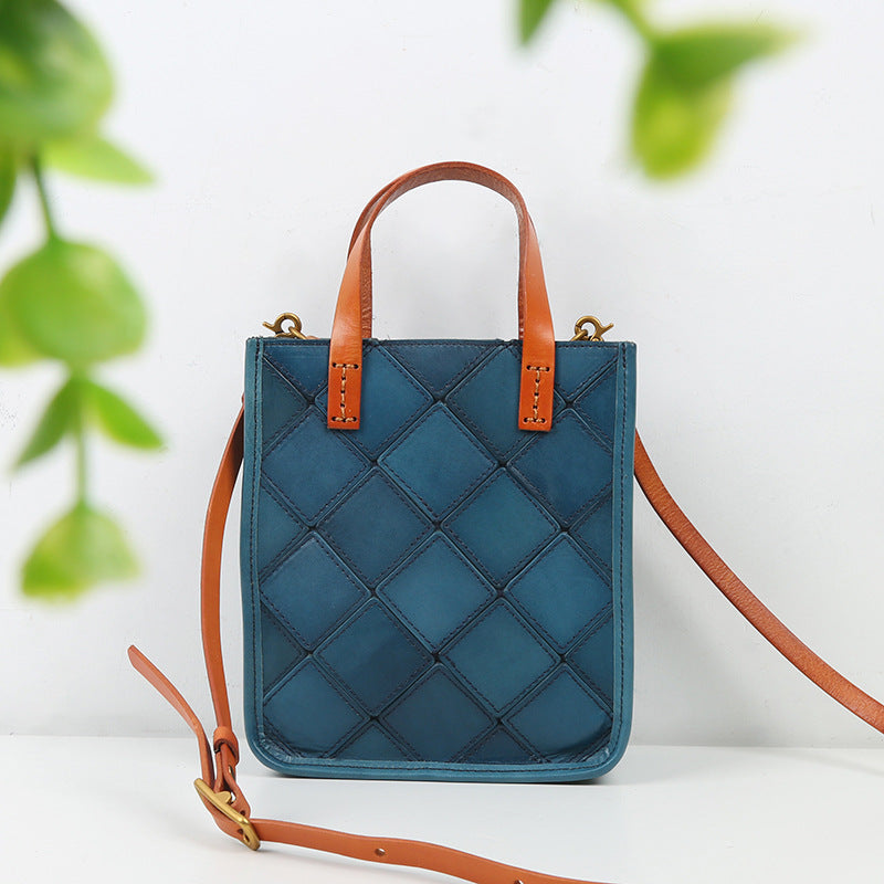 Women's Retro Hand-held Rhombic Leather First Layer Shoulder Bags