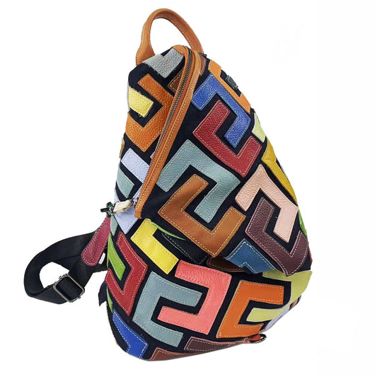 Women's Leather Color Cowhide Stitching Retro Backpacks