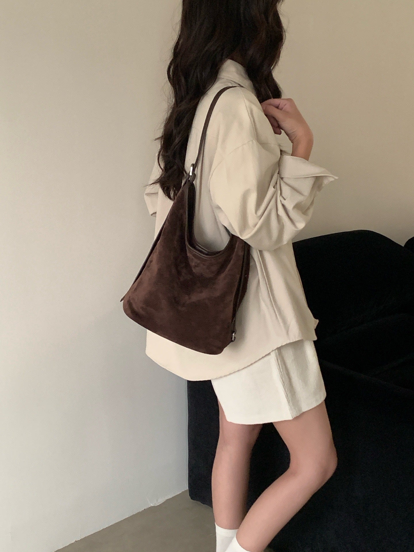 Women's Minimalist Style Niche Retro Suede Genuine Leather Shoulder Bags