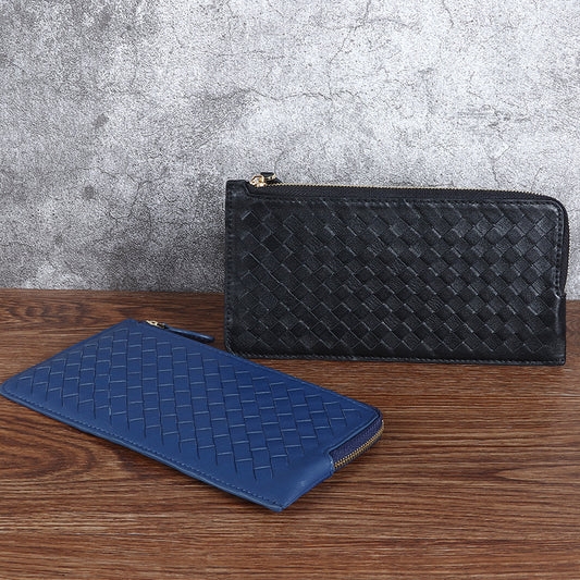 Women's Genuine Leather Long Handmade Sheepskin Woven Thin Ladies Wallets