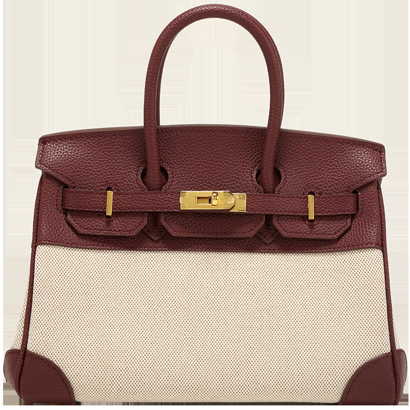Women's Spring Design Leather With Canvas Contrast Color Handbags