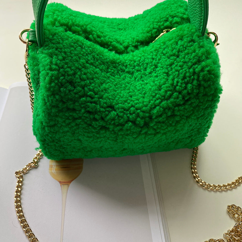 Women's Plush Genuine Leather Box Green Hand Shoulder Bags