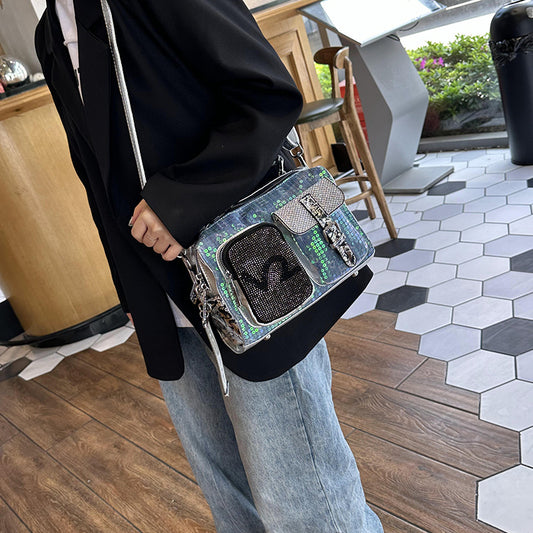 Women's Fashionable Rhinestone Contrast Color Crack Glossy Shoulder Bags
