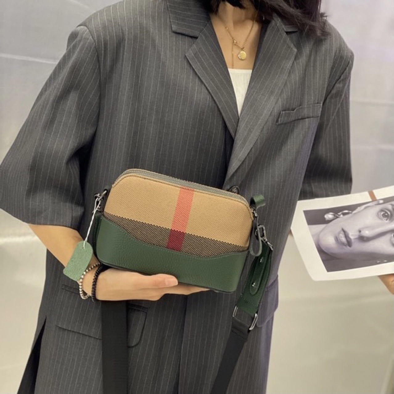 Women's Genuine Leather Fashion Cowhide Plaid Bags