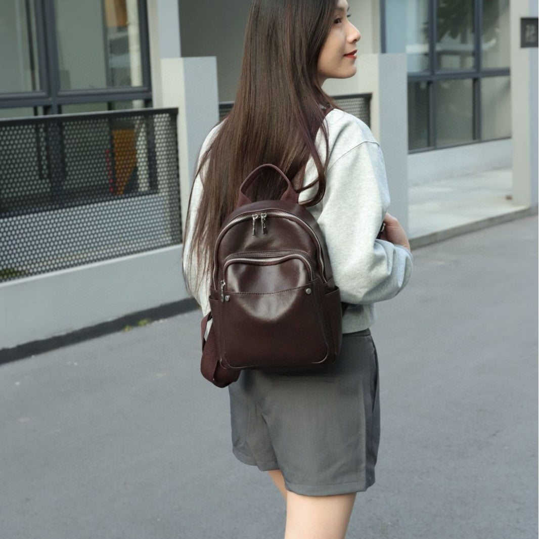 Women's First Layer Leather Flocking Large Backpacks