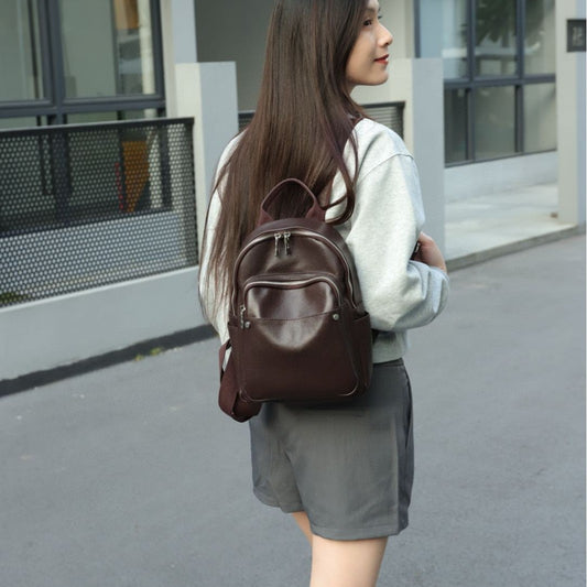 Women's First Layer Leather Flocking Large Backpacks