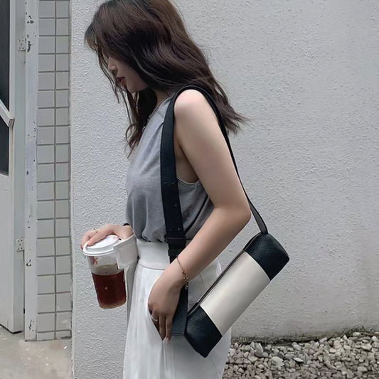 Women's Cylinder Genuine Leather Simple Color Matching Shoulder Bags