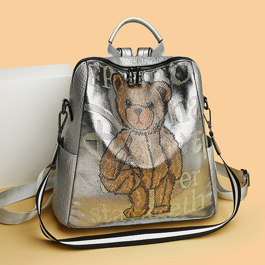 Women's Fat Bear Leather Trendy Embroidered Large Backpacks