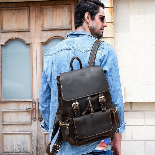Men's Horse Leather Vintage Genuine Flip First Backpacks