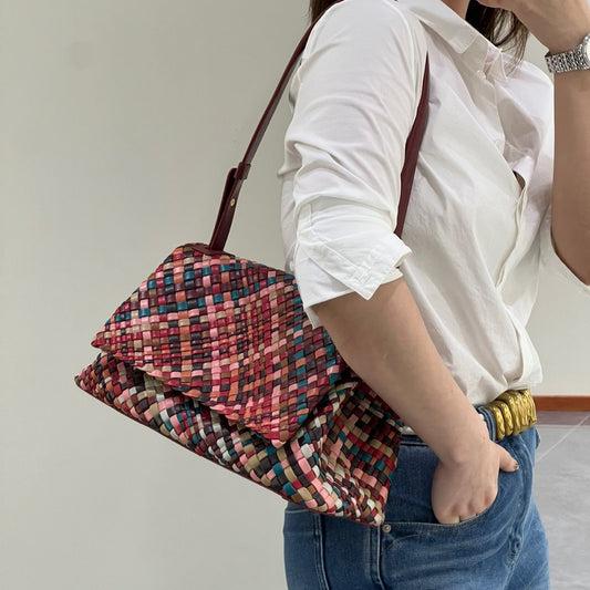 Women's Mixed Color Woven Genuine Leather Temperament Wild Crossbody Bags