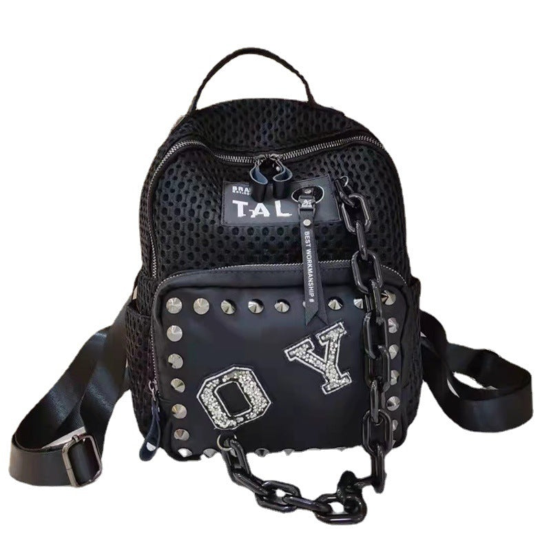 Women's Mesh With Leather Personality Rivets Rhinestone Thick Straps Backpacks