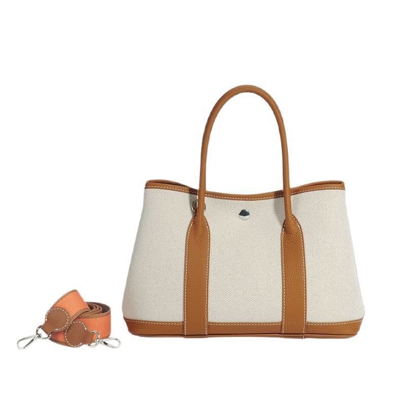 Large Capacity Canvas Stitching Contrast Color Genuine Cattlehide Leather Crossbody Bags