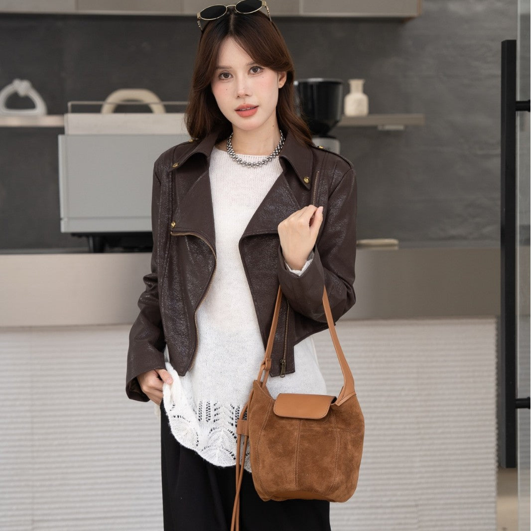 Women's Fashion Underarm Pumpkin Frosted Leather Textured Shoulder Bags