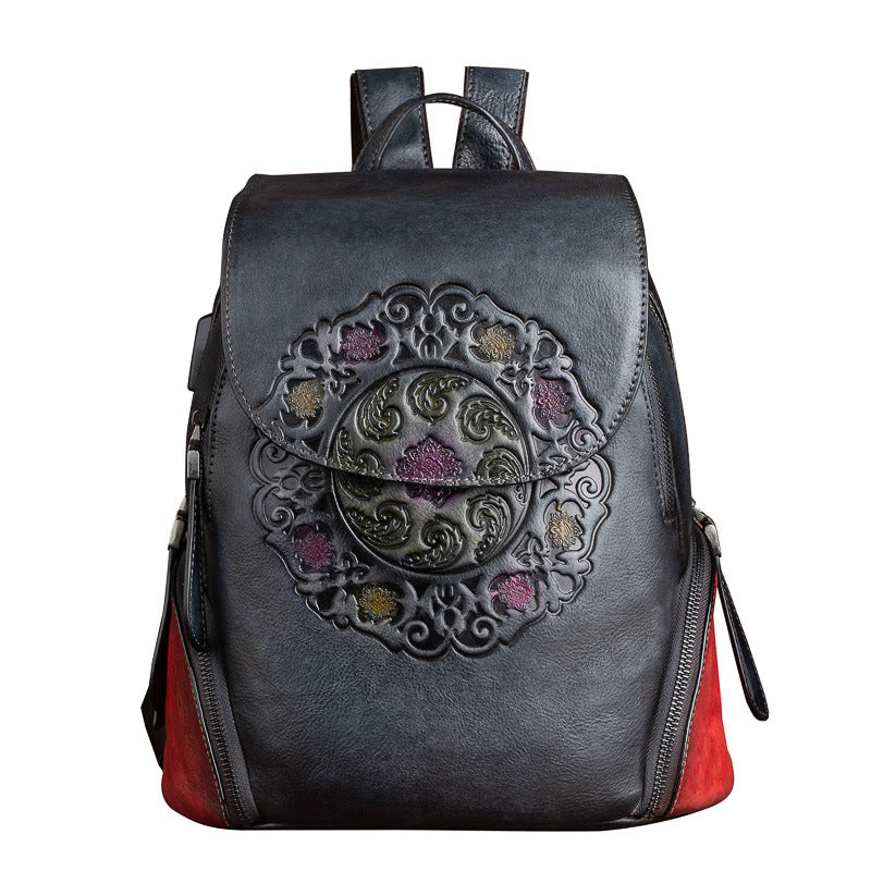 Chinese Style First Layer Cowhide Embossed Backpacks