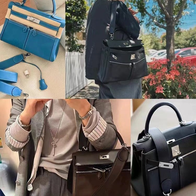 Women's Top Layer Cowhide Kelly Double Pocket Genuine Crossbody Bags