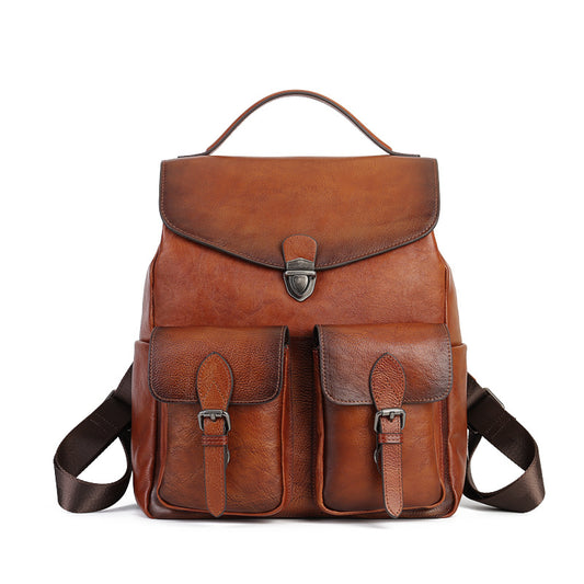 Men's First Layer Cowhide Leisure Retro Large Backpacks