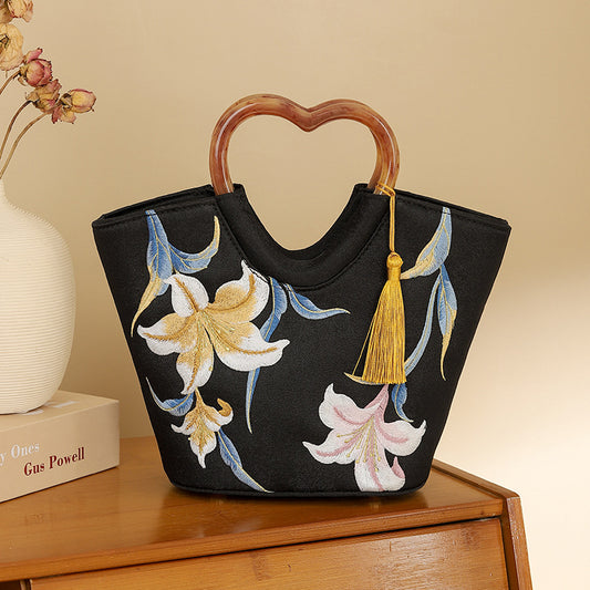 Coral Lily Embroidered Wooden Ancient Style Handbags